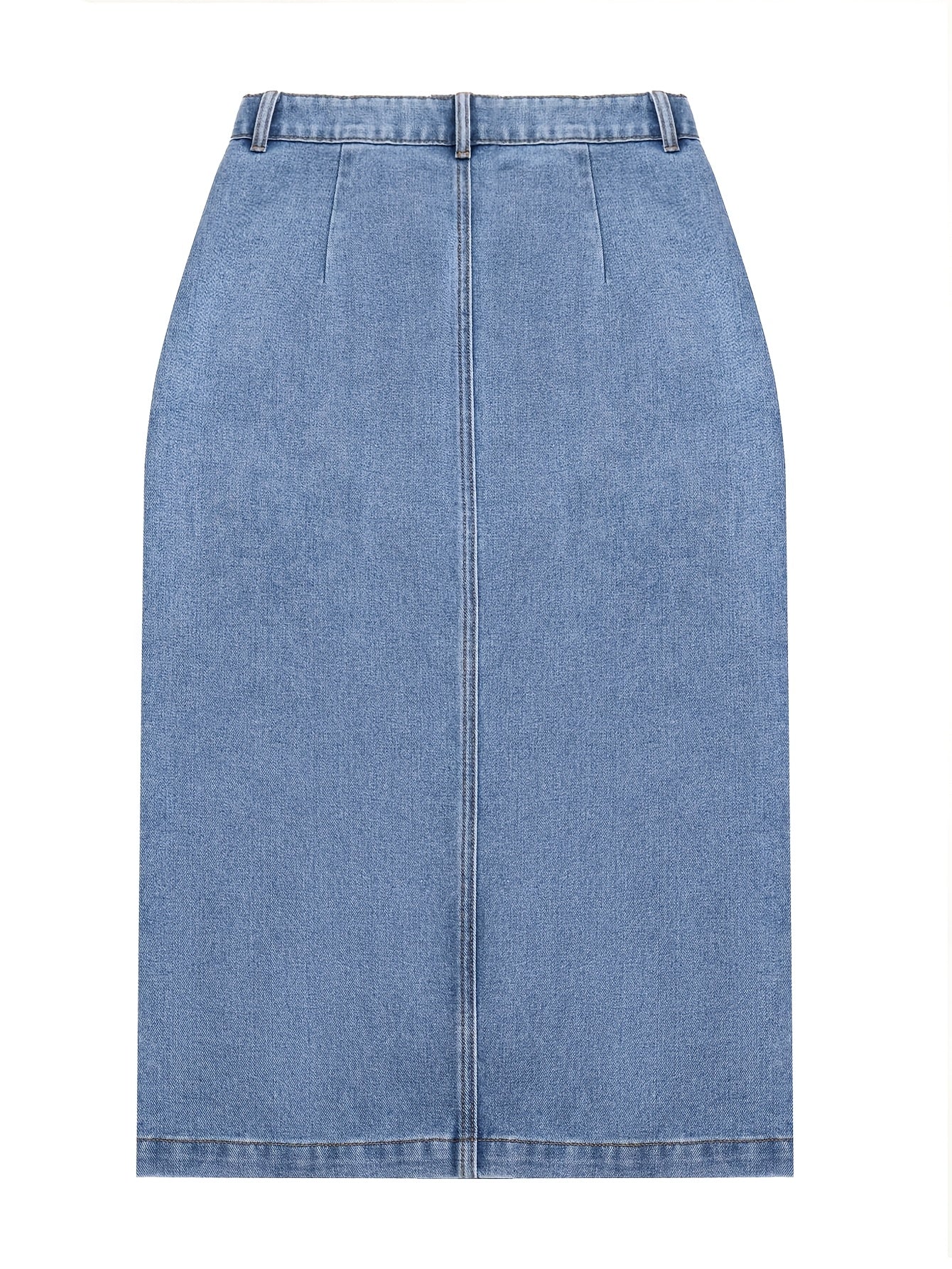 1pc NVFelix Women'S Casual Denim Midi Skirt, Front Button Detail, Solid Color, Non-Stretch, Straight Cut, Woven Fabric, for Spring/Summer/Autumn